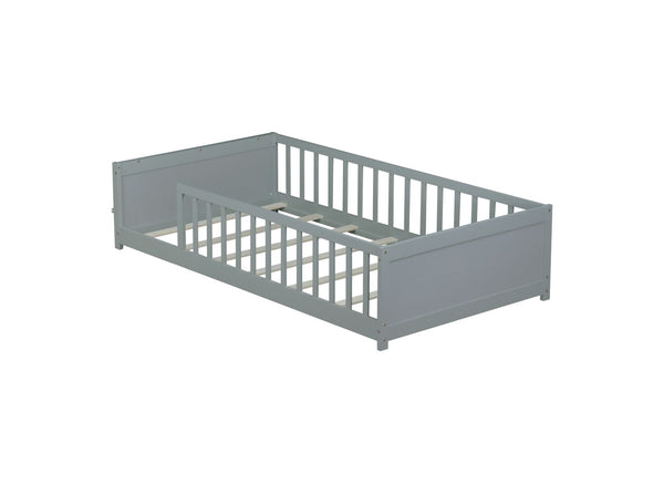 English Elm Twin Floor Platform Bed With Book Rack - Cozy Grey Design, Safe Low Profile, Easy Assembly & Storage W504P345764-GIGA