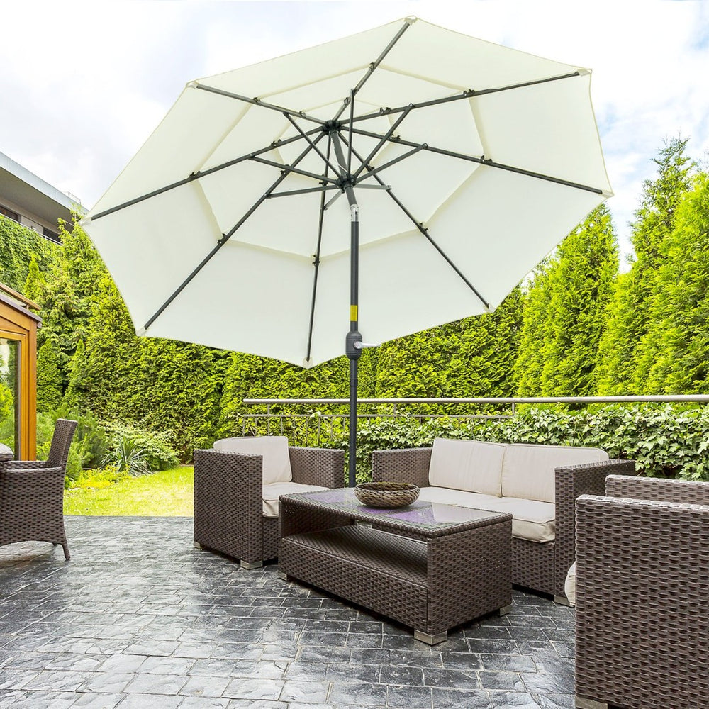 English Elm Outsunny 9Ft Deluxe Patio Umbrella With Crank & Tilt, Vented 3-Tier Canopy For Ultimate Shade Comfort W2225P200443-GIGA