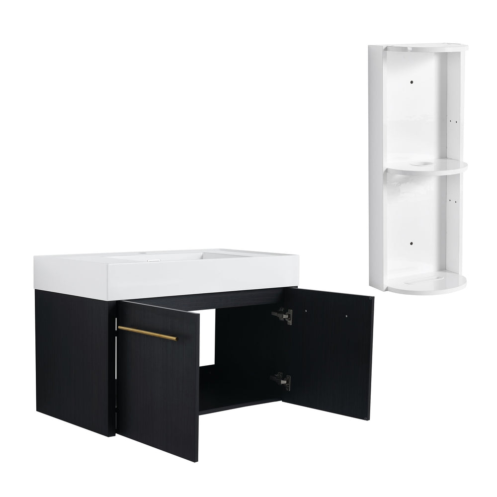 English Elm 36 Inch Wall-Mounted Bathroom Vanity Set With Thick Resin Sink, Storage Rack & Soft-Close Hinges W999S00369