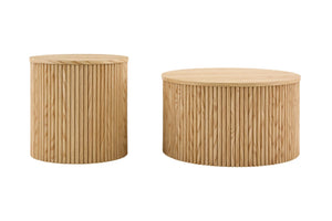 English Elm 2-piece Round Nesting Tables with Fluted Column Base Hidden Storage Oak Grain Finish Wood W3875P396797