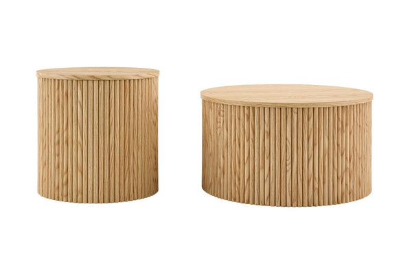 English Elm 2-piece Round Nesting Tables with Fluted Column Base Hidden Storage Oak Grain Finish Wood W3875P396797