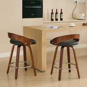 English Elm Bar Stools Set of 2 Mid-century Swivel Walnut Wood Frame with Cushioned Seat Black Pu W1143P173431