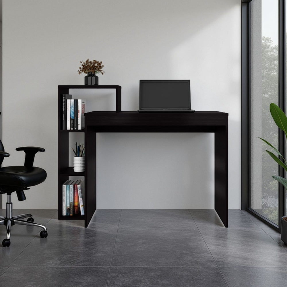 English Elm Venetie Writing Desk with Three Side Shelves in Black Wenge for Modern Home Office B097P474293