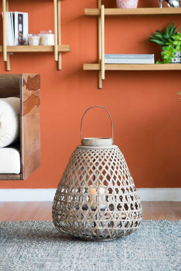 English Elm 16.9x16.9x17.7" Fir Wood Woven Lattice Candle Lantern Tapered Frame Porch Accent W2078P495660
