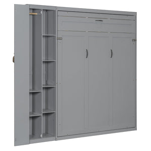 English Elm Queen Murphy Wall Bed with Led Lighting Open Shelves and Wardrobe Cabinet Storage Gray LP000899AAE-1