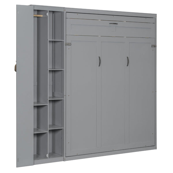 English Elm Queen Murphy Wall Bed with Led Lighting Open Shelves and Wardrobe Cabinet Storage Gray LP000899AAE-1