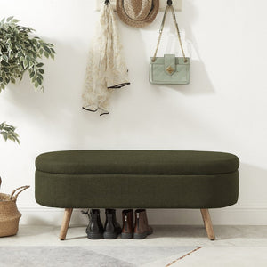 English Elm Luxury Boucle Oval Ottoman Bench with Hidden Storage Rubberwood Legs Entryway Seat Dark Green W2186P430721