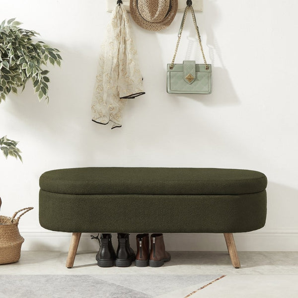 English Elm Luxury Boucle Oval Ottoman Bench with Hidden Storage Rubberwood Legs Entryway Seat Dark Green W2186P430721