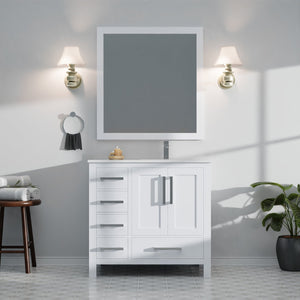 English Elm White 36 in Bath Vanity with Right Offset White Quartz Top, Soft-Close Drawers, Chrome Faucet Set B2731P259020