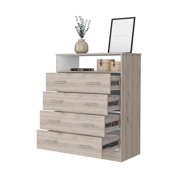 English Elm Lagos Four Drawer Dresser with Spacious Open Shelf and Superior Top, Light Grey Finish, Modern Storage Solution Multicolor 47 L x 22 W x 4 H B128S00097