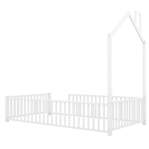 English Elm Twin House Metal Platform Bed with Guardrail & Chimney, White — Kids Playful Frame, Safe Sleep Design N709P203151K