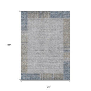 Homeroots 3' Stylish Taupe Beige And Blue Geometric Washable Area Rug For Indoor And Outdoor Spaces 9' X 12' Polyester 582000