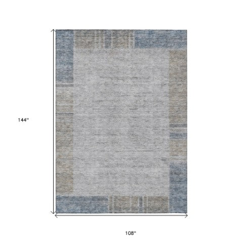 Homeroots 3' Stylish Taupe Beige And Blue Geometric Washable Area Rug For Indoor And Outdoor Spaces 9' X 12' Polyester 582000