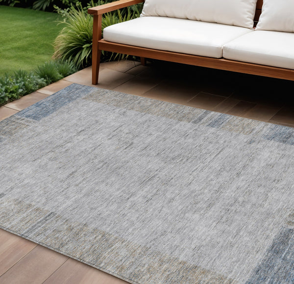 Homeroots 3' Stylish Taupe Beige And Blue Geometric Washable Area Rug For Indoor And Outdoor Spaces 9' X 12' Polyester 582000
