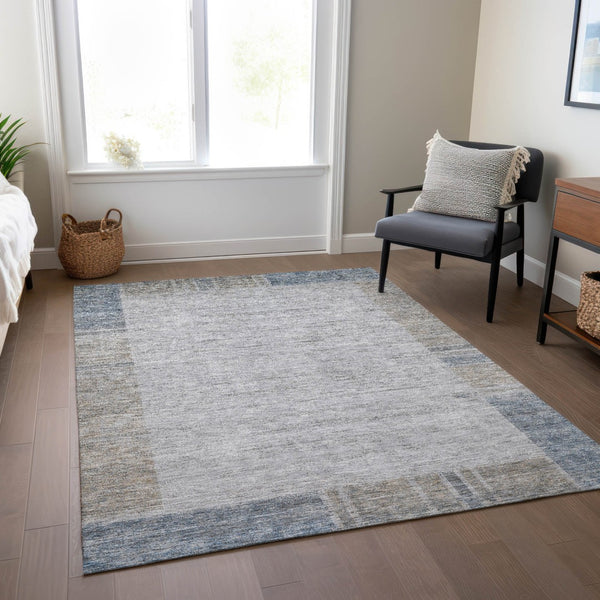 Homeroots 3' Stylish Taupe Beige And Blue Geometric Washable Area Rug For Indoor And Outdoor Spaces 9' X 12' Polyester 582000