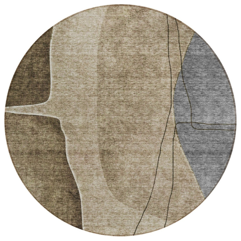 HomeRoots 5' Abstract Washable Area Rug in Brown, Taupe & Beige – Durable, Stylish Solution for Indoor/Outdoor Use 8' Round 582004