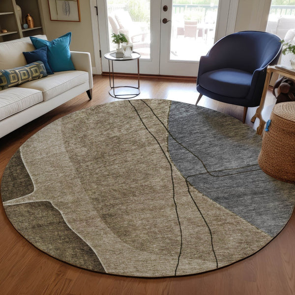 Homeroots 3' Brown Taupe And Beige Abstract Washable Indoor Outdoor Area Rug For Stylish Home Décor 8' Round Polyester 582004