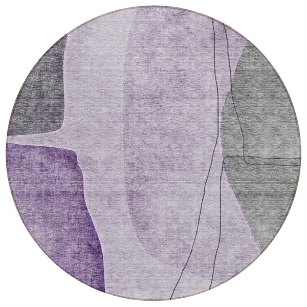 HomeRoots 5' Bold Eggplant Purple and Gray Abstract Washable Area Rug for Indoor or Outdoor Spaces 8' Round 582028
