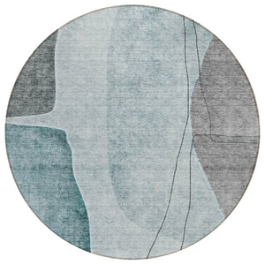 HomeRoots 5' Colorful Contemporary Teal Aqua Gray Abstract Area Rug - Durable, Washable, Indoor/Outdoor Use 8' Round 582034