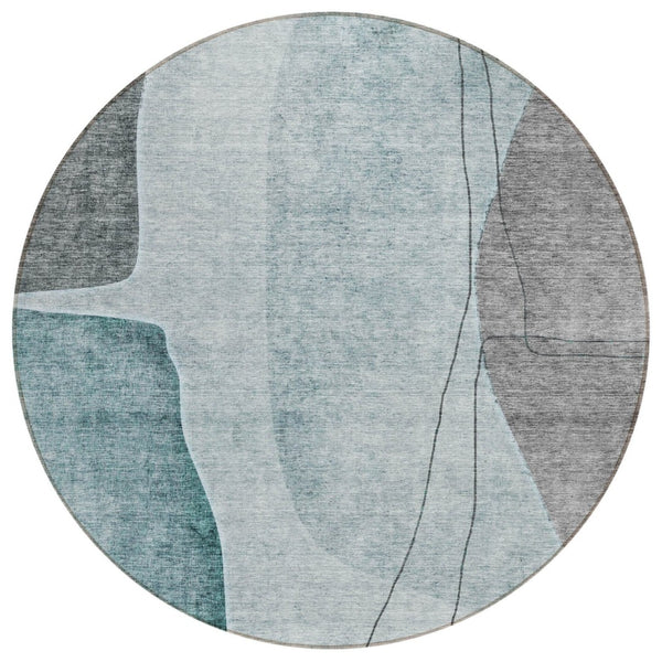 HomeRoots 5' Colorful Contemporary Teal Aqua Gray Abstract Area Rug - Durable, Washable, Indoor/Outdoor Use 8' Round 582034