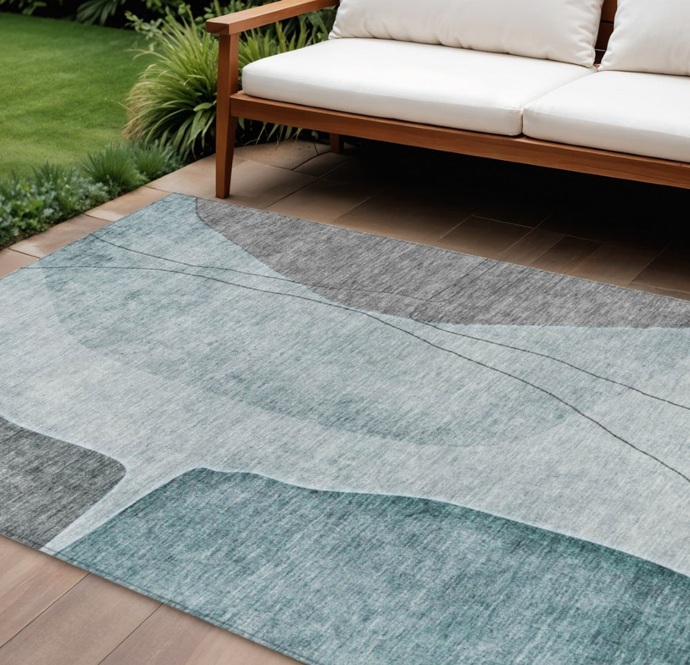 HomeRoots 9' Stylish Teal Blue Aqua and Gray Abstract Area Rug – Durable, Washable for Indoor and Outdoor Use 9' X 12' 582036