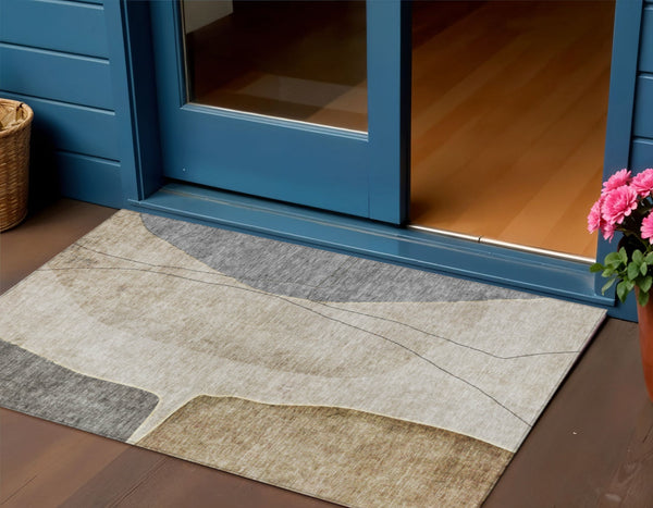 Homeroots 3' Brown Taupe And Beige Abstract Washable Indoor Outdoor Area Rug For Stylish Home Décor 3' X 5' Polyester 582038