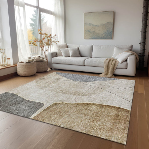 Homeroots 3' Brown Taupe And Beige Abstract Washable Indoor Outdoor Area Rug For Stylish Home Décor 3' X 5' Polyester 582038