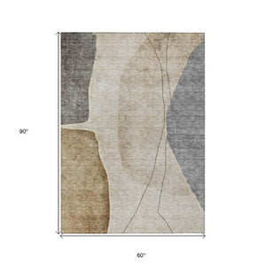 Homeroots 3' Brown Taupe And Beige Abstract Washable Indoor Outdoor Area Rug For Stylish Home Décor 5' X 8' Polyester 582039