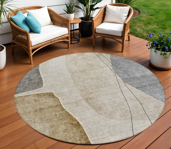 Homeroots 3' Brown Taupe And Beige Abstract Washable Indoor Outdoor Area Rug For Stylish Home Décor 8' Round Polyester 582040
