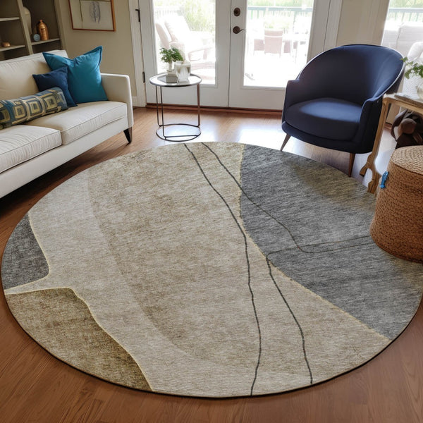 Homeroots 3' Brown Taupe And Beige Abstract Washable Indoor Outdoor Area Rug For Stylish Home Décor 8' Round Polyester 582040
