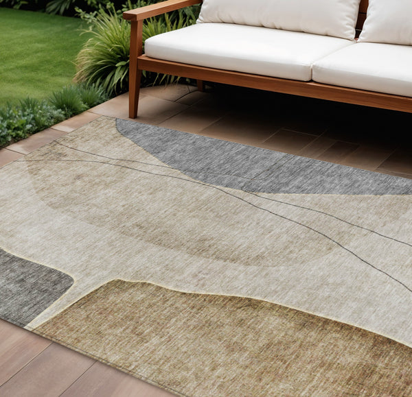 Homeroots 3' Brown Taupe And Beige Abstract Washable Indoor Outdoor Area Rug For Stylish Home Décor 9' X 12' Polyester 582042