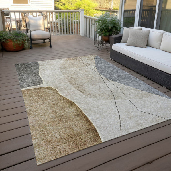 Homeroots 3' Brown Taupe And Beige Abstract Washable Indoor Outdoor Area Rug For Stylish Home Décor 10' X 14' Polyester 582043