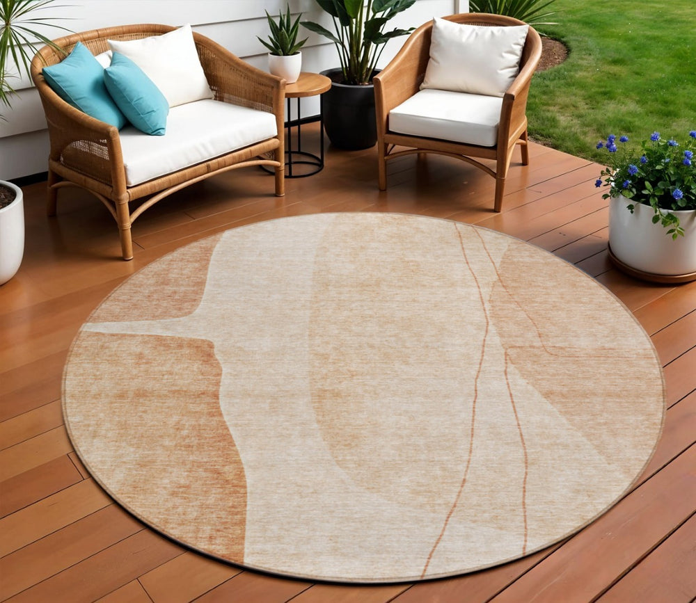 HomeRoots 5' Terra Cotta Orange and Copper Abstract Indoor Outdoor Area Rug – Durable, Stylish, Washable Design 8' Round 582046