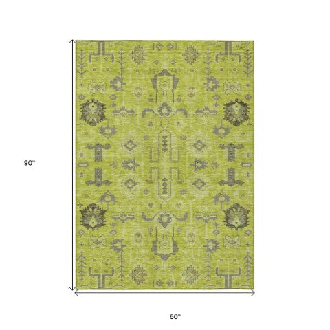 Homeroots 3' Stylish Artichoke Green Oriental Washable Area Rug For Indoor & Outdoor Use, Durable Design 5' X 8' Polyester 582051