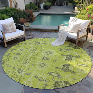 Homeroots 3' Stylish Artichoke Green Oriental Washable Area Rug For Indoor & Outdoor Use, Durable Design 8' Round Polyester 582052