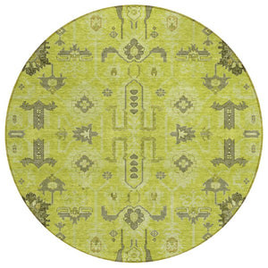 HomeRoots 5' Artichoke Green and Fern Green Oriental Area Rug - Durable, Washable Design for Indoor & Outdoor Use 8' Round 582052