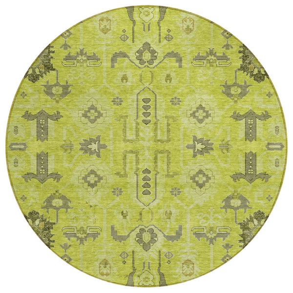 HomeRoots 5' Artichoke Green and Fern Green Oriental Area Rug - Durable, Washable Design for Indoor & Outdoor Use 8' Round 582052