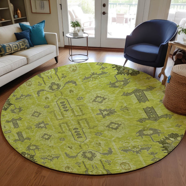 Homeroots 3' Stylish Artichoke Green Oriental Washable Area Rug For Indoor & Outdoor Use, Durable Design 8' Round Polyester 582052