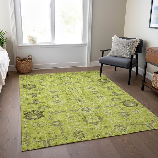 Homeroots 3' Stylish Artichoke Green Oriental Washable Area Rug For Indoor & Outdoor Use, Durable Design 8' X 10' Polyester 582053