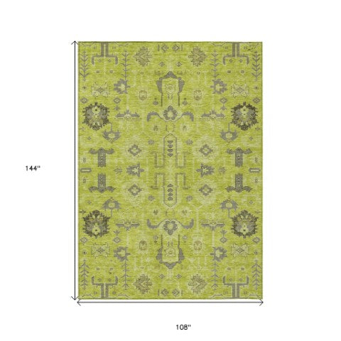 Homeroots 3' Stylish Artichoke Green Oriental Washable Area Rug For Indoor & Outdoor Use, Durable Design 9' X 12' Polyester 582054
