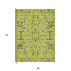 Homeroots 3' Stylish Artichoke Green Oriental Washable Area Rug For Indoor & Outdoor Use, Durable Design 10' X 14' Polyester 582055