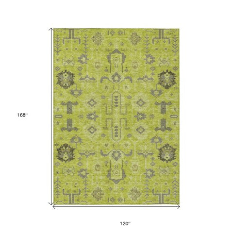 Homeroots 3' Stylish Artichoke Green Oriental Washable Area Rug For Indoor & Outdoor Use, Durable Design 10' X 14' Polyester 582055