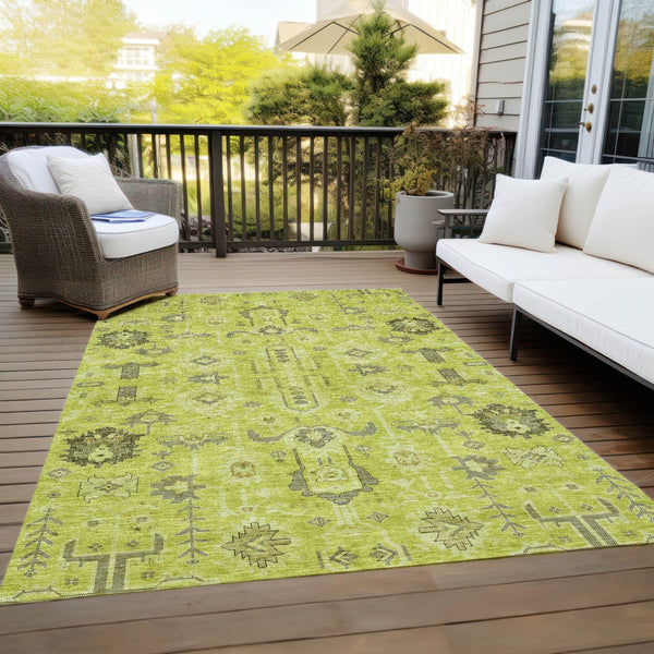 Homeroots 3' Stylish Artichoke Green Oriental Washable Area Rug For Indoor & Outdoor Use, Durable Design 10' X 14' Polyester 582055