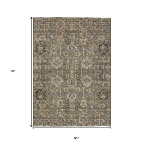 Homeroots 3' Stylish Artichoke Green Oriental Washable Area Rug For Indoor & Outdoor Use, Durable Design 5' X 8' Polyester 582057
