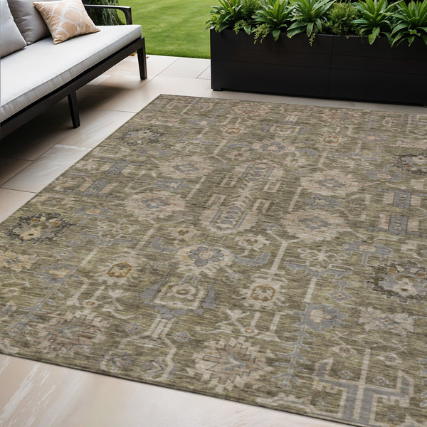 Homeroots 3' Stylish Artichoke Green Oriental Washable Area Rug For Indoor & Outdoor Use, Durable Design 5' X 8' Polyester 582057