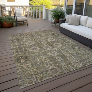 Homeroots 3' Stylish Artichoke Green Oriental Washable Area Rug For Indoor & Outdoor Use, Durable Design 5' X 8' Polyester 582057