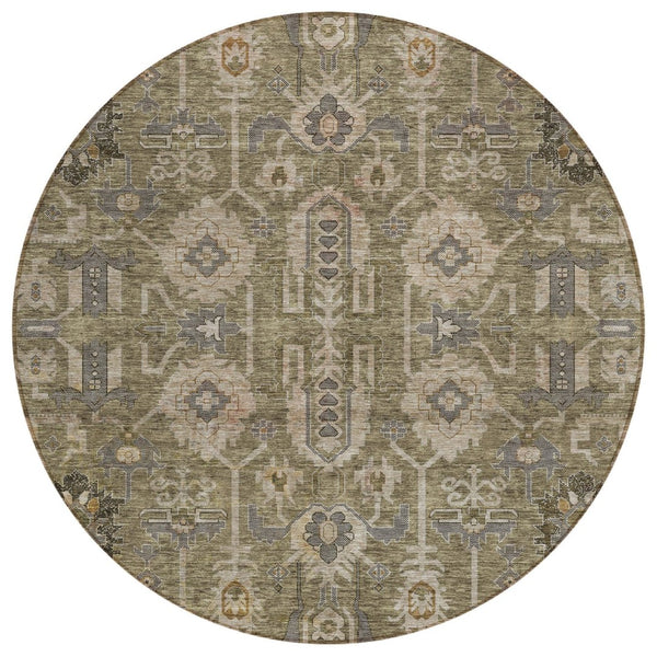 HomeRoots 5' Elegant Brown Gray Charcoal Oriental Washable Area Rug for Indoor & Outdoor Use, Easy Care 8' Round 582058