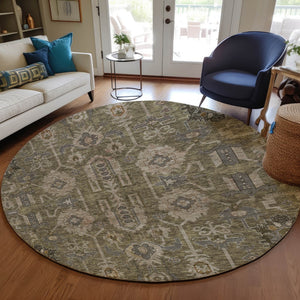 Homeroots 3' Stylish Artichoke Green Oriental Washable Area Rug For Indoor & Outdoor Use, Durable Design 8' Round Polyester 582058