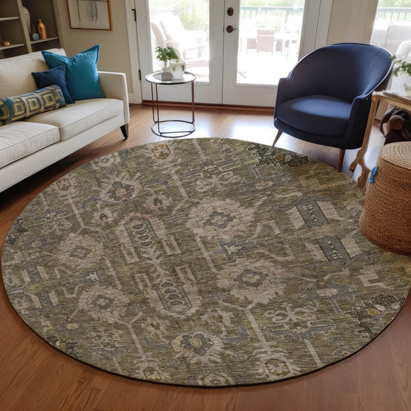 Homeroots 3' Stylish Artichoke Green Oriental Washable Area Rug For Indoor & Outdoor Use, Durable Design 8' Round Polyester 582058