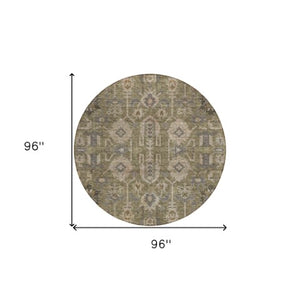 Homeroots 3' Stylish Artichoke Green Oriental Washable Area Rug For Indoor & Outdoor Use, Durable Design 8' Round Polyester 582058